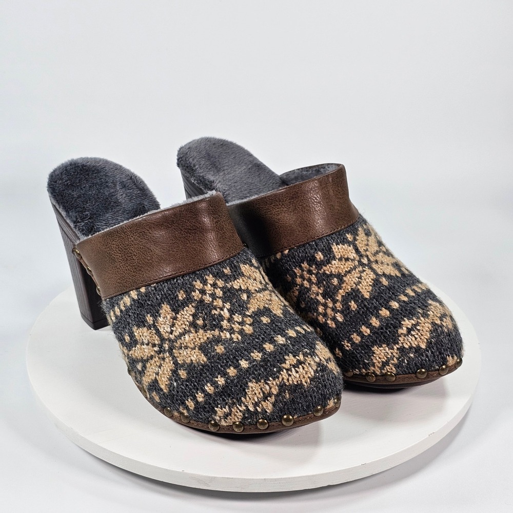Muk Luks Womens Fair Isle Knit Faux Fur Lined Heeled Clogs Brown Gray Size 39